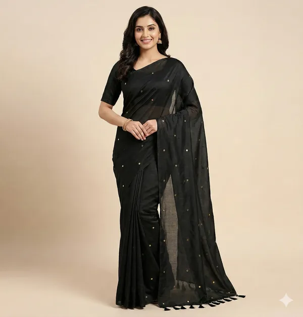 Black_Cotton_Silk_Hand_Woven_Gini_Work_All_Over_Handloom_Saree_Without_Blouse_For_Women
