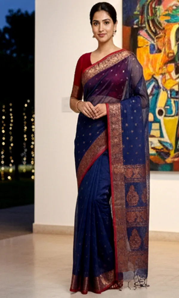 Navy_Blue_Handloom_Tissue_Saree_Ethnic_Wear_For_Occasional_Use_For_Elegance_Look_Golden_And_Changable_Cotton_Blended_Ethnic_Wear_For_Women