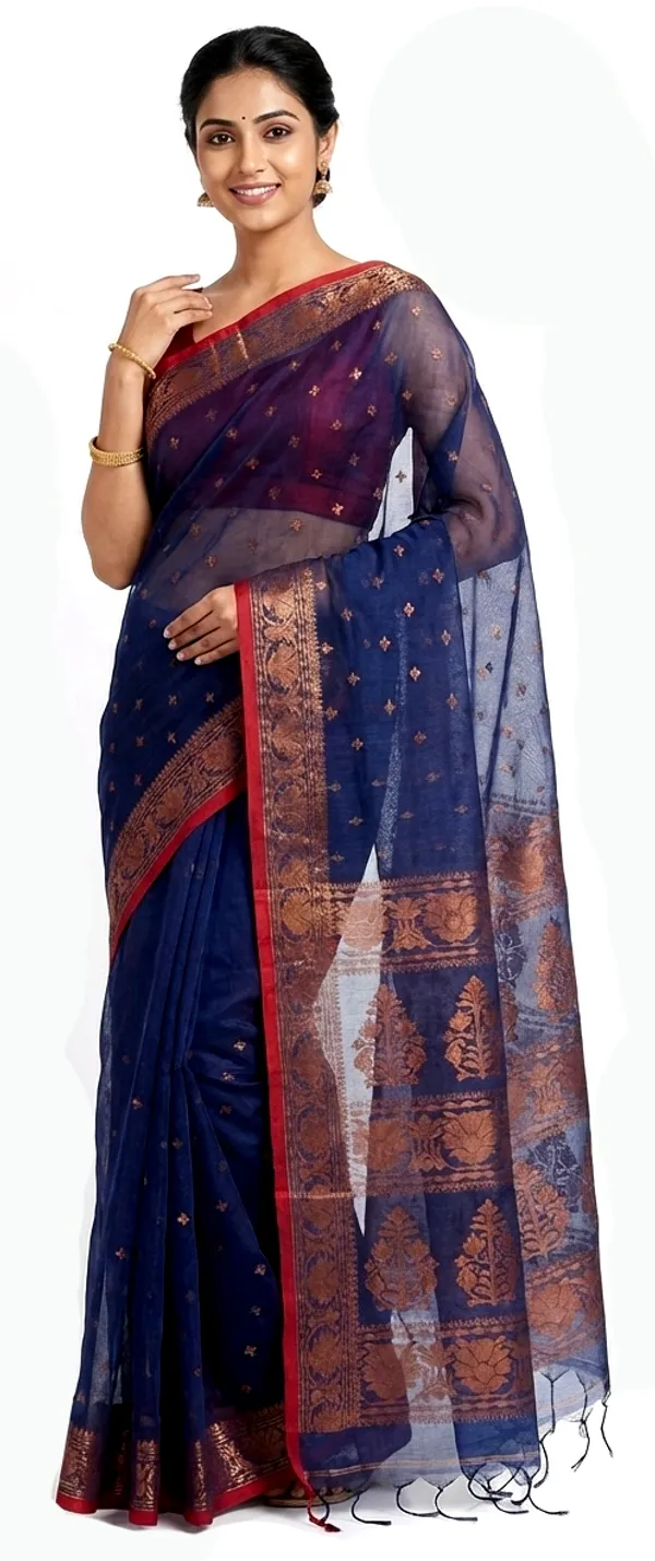 Navy_Blue_Handloom_Tissue_Saree_Ethnic_Wear_For_Occasional_Use_For_Elegance_Look_Golden_And_Changable_Cotton_Blended_Ethnic_Wear_For_Women