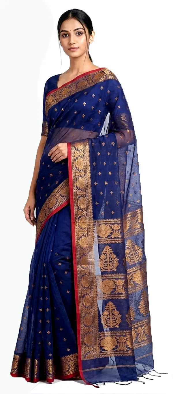 Navy_Blue_Handloom_Tissue_Saree_Ethnic_Wear_For_Occasional_Use_For_Elegance_Look_Golden_And_Changable_Cotton_Blended_Ethnic_Wear_For_Women