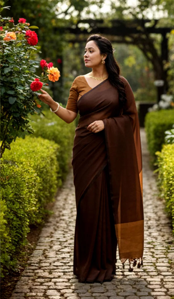 Handloom_Color_Block_Mercerize_soft_cotton_Saree_(Coffee_color_with_Golden_Pallu)
