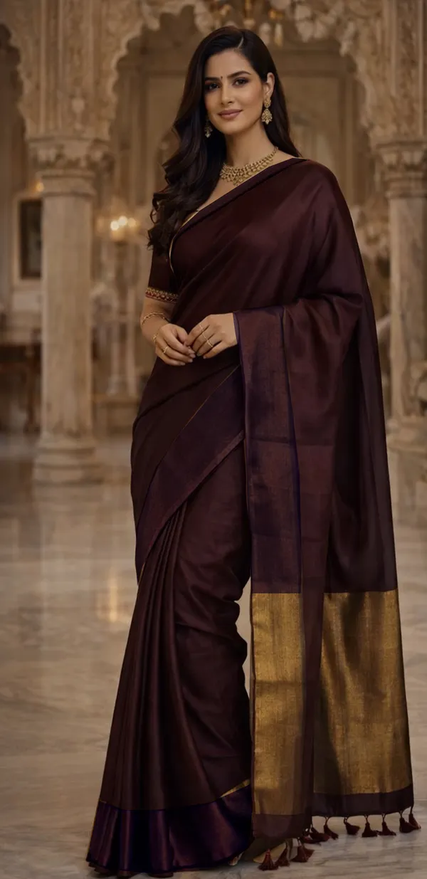 Handloom_Color_Block_Mercerize_soft_cotton_Saree_(Coffee_color_with_Golden_Pallu)
