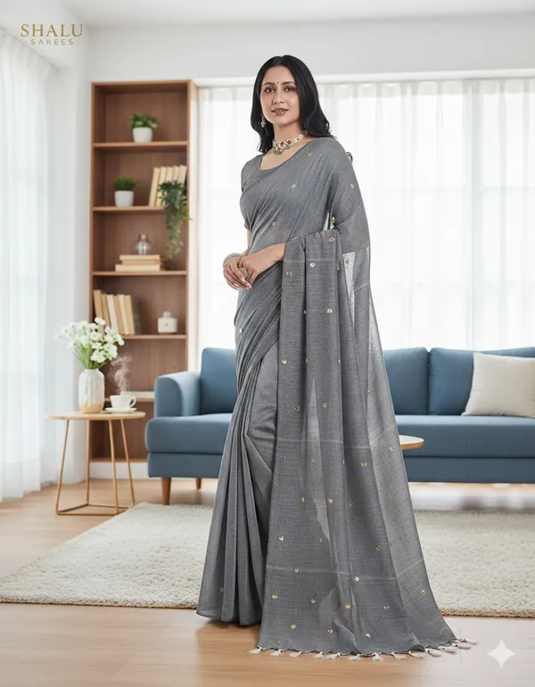 Grey_Cotton_Silk_Hand_Zari_Work_All_Over_Handloom_Saree_Without_Unstitched_Blouse_For_Women