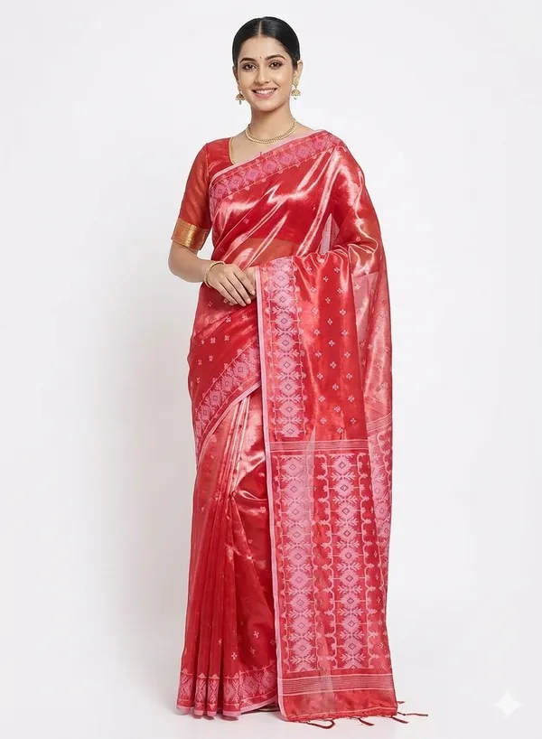 Red_Handloom_Glossy_Tissue_Saree_With_Soft,_Lightweight_&_Lustrous_Finish_Perfect_For_Weddings,Traditional_Elegance_Artisanal_Weaving_Masterpiece_For_Women
