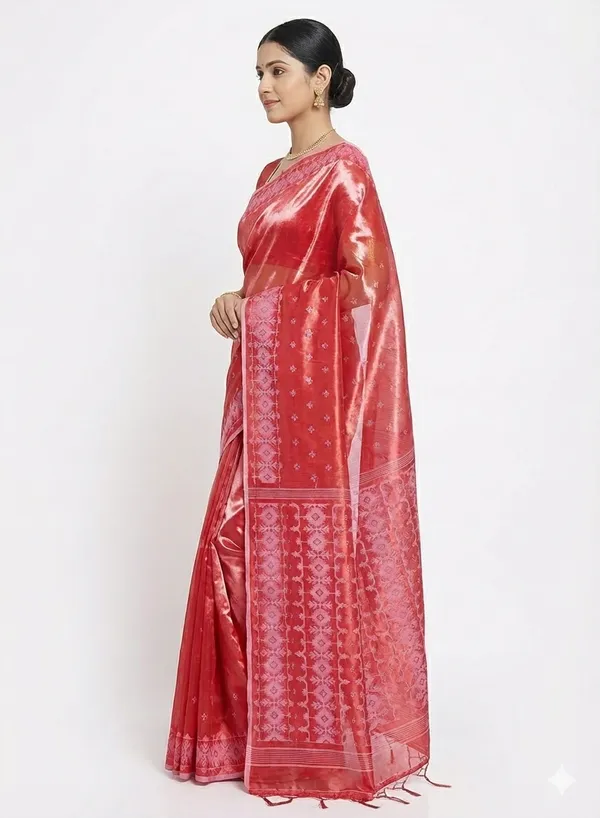 Red_Handloom_Glossy_Tissue_Saree_With_Soft,_Lightweight_&_Lustrous_Finish_Perfect_For_Weddings,Traditional_Elegance_Artisanal_Weaving_Masterpiece_For_Women