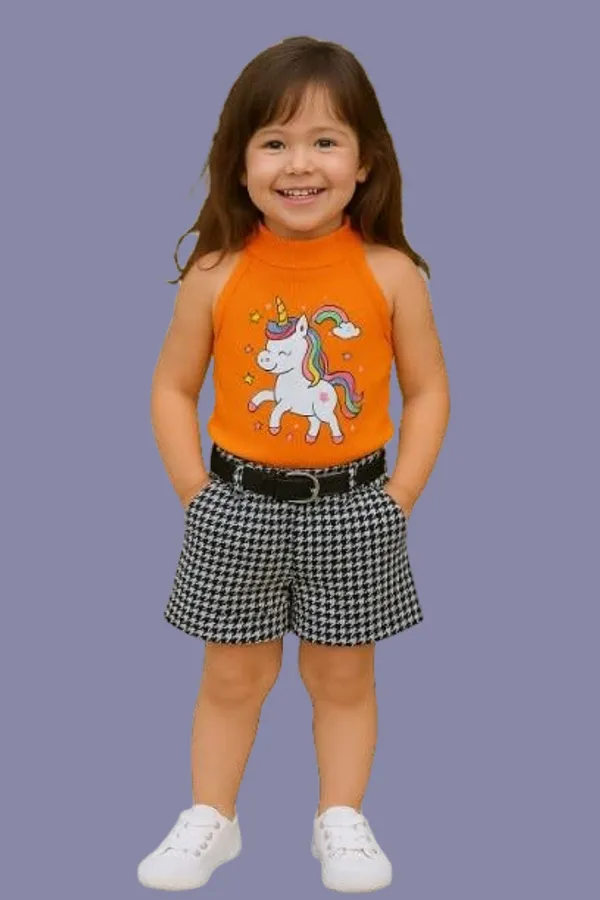 Orange_Ramiaaz_Solid_Cotton_Blend_Style_Top_With_Shorts_And_Belt_Set_For_Girls
