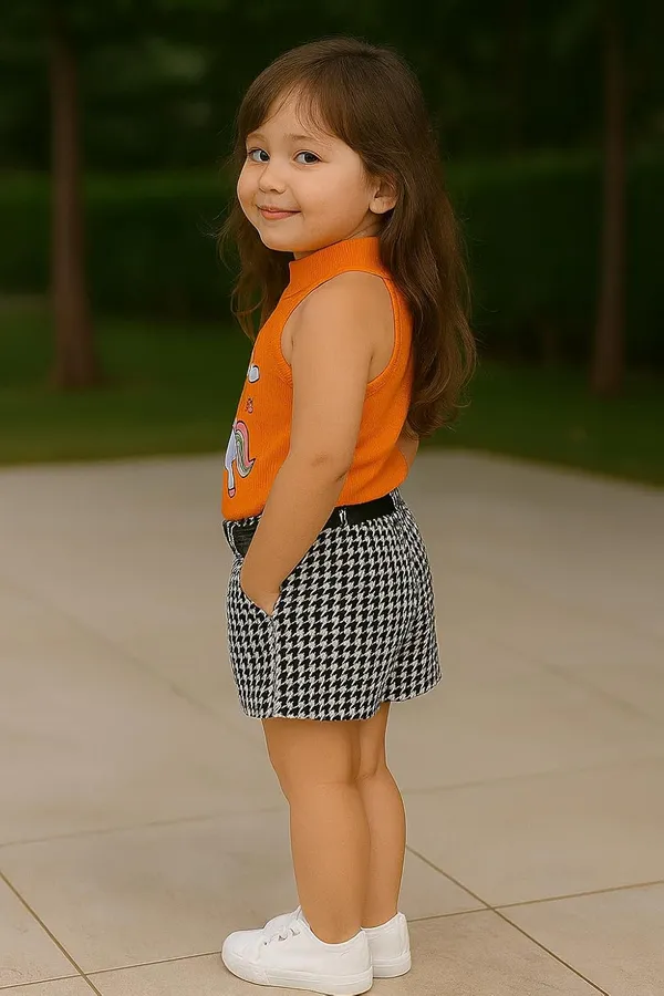Orange_Ramiaaz_Solid_Cotton_Blend_Style_Top_With_Shorts_And_Belt_Set_For_Girls