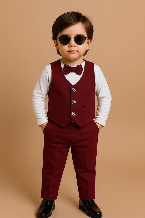 Maroon_&_White_Ramiaaz_Solid_Cotton_Blend_Blazer_Style_T_Shirt_And_Pant_Set_With_Bow_Tie_Toddlers_For_Boys