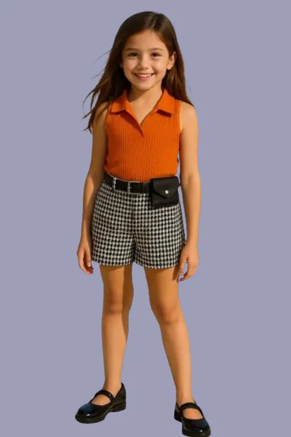 Orange_Ramiaaz_Solid_Cotton_Blend_Top_And_Shorts_Set_With_Purse_And_Belt_For_Girls