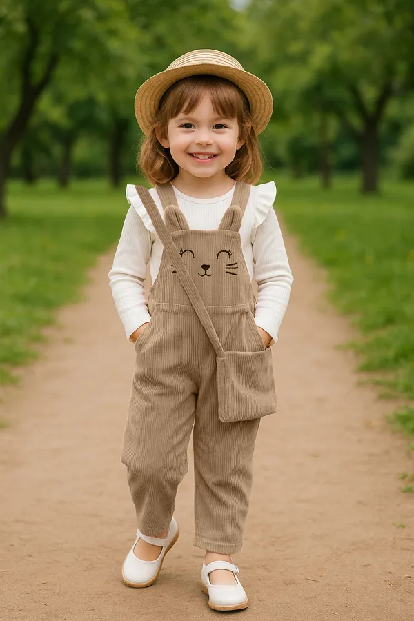White_&_Brown_Ramiaaz_Baby_Solid_Cotton_Blend_Style_Top_And_Dungarees_Set_With_Purse_For_Girls