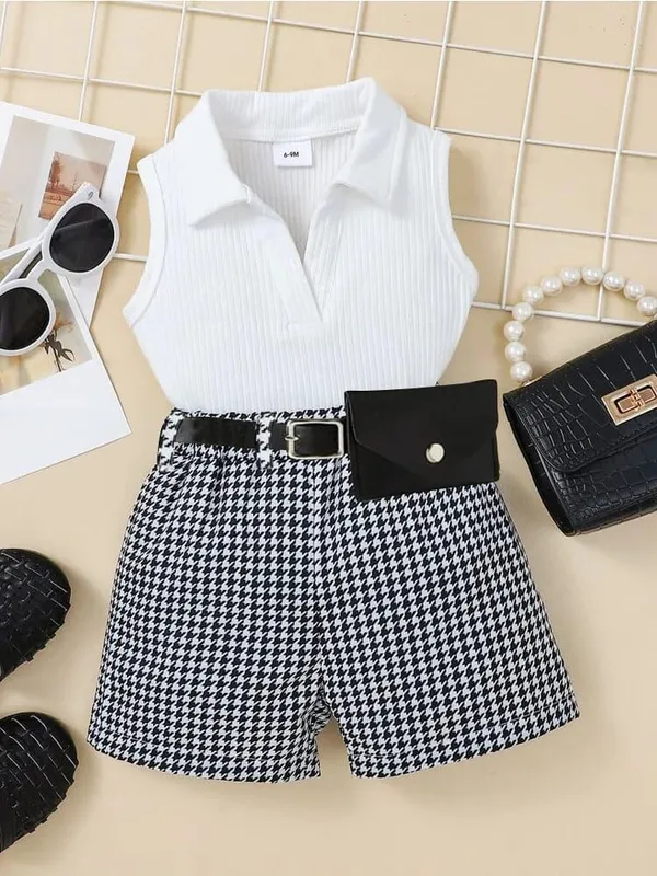 White_Ramiaaz_Solid_Cotton_Blend_Top_And_Shorts_Set_With_Purse_And_Belt_For_Girls