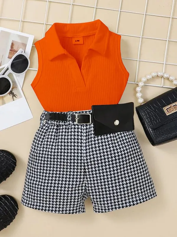 Orange_Ramiaaz_Solid_Cotton_Blend_Top_And_Shorts_Set_With_Purse_And_Belt_For_Girls