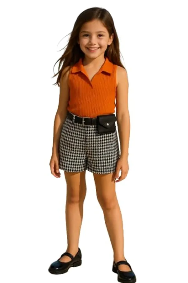 Orange_Ramiaaz_Solid_Cotton_Blend_Top_And_Shorts_Set_With_Purse_And_Belt_For_Girls