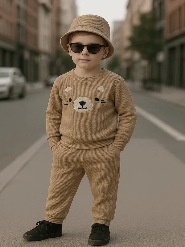 Beige_Ramiaaz_Solid_Cotton_Blend_Style_T_Shirt_And_Pant_Set_For_Boys