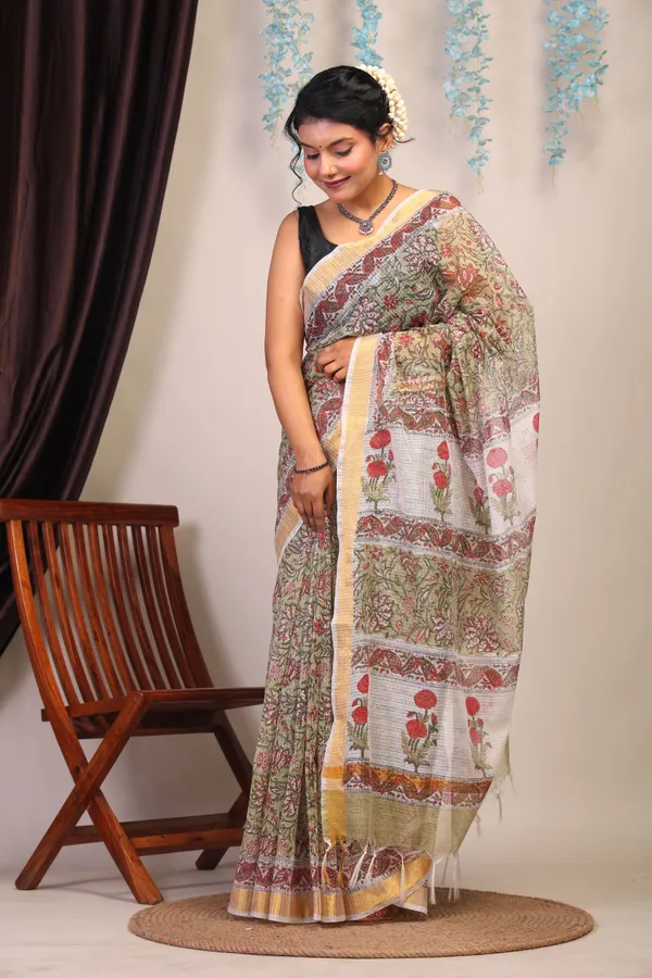 Olive_Green_Kota_Cotton_Hand_Block_Bhagalpuri_Saree_With_Blouse