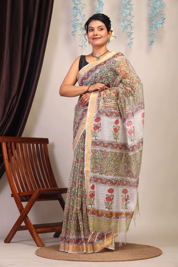 Olive_Green_Kota_Cotton_Hand_Block_Bhagalpuri_Saree_With_Blouse