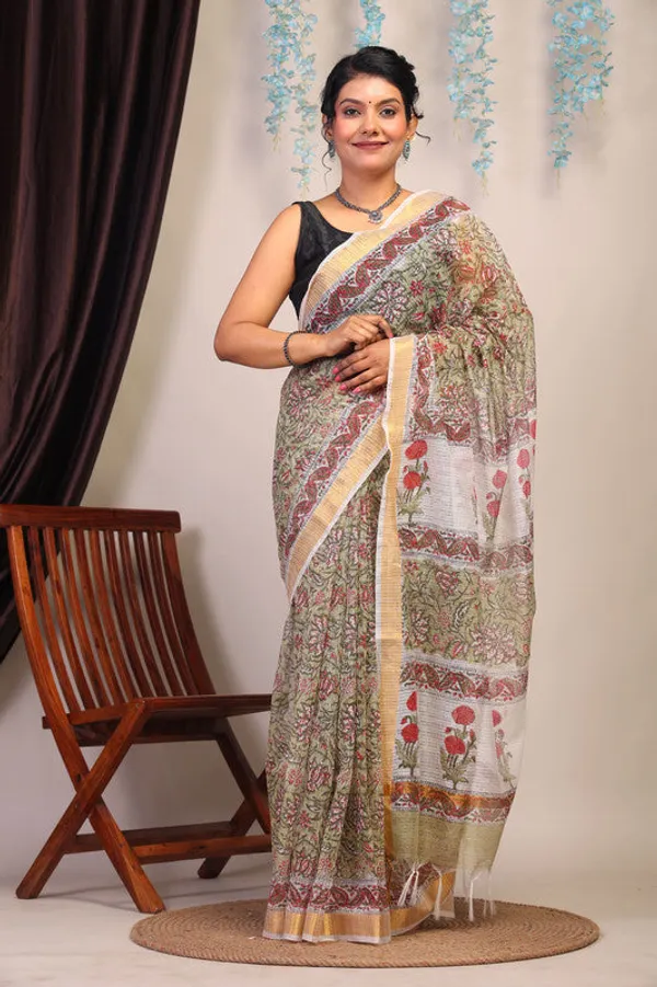 Olive_Green_Kota_Cotton_Hand_Block_Bhagalpuri_Saree_With_Blouse
