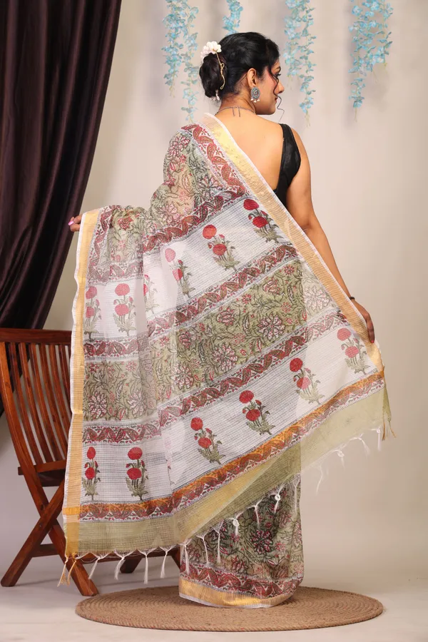 Olive_Green_Kota_Cotton_Hand_Block_Bhagalpuri_Saree_With_Blouse