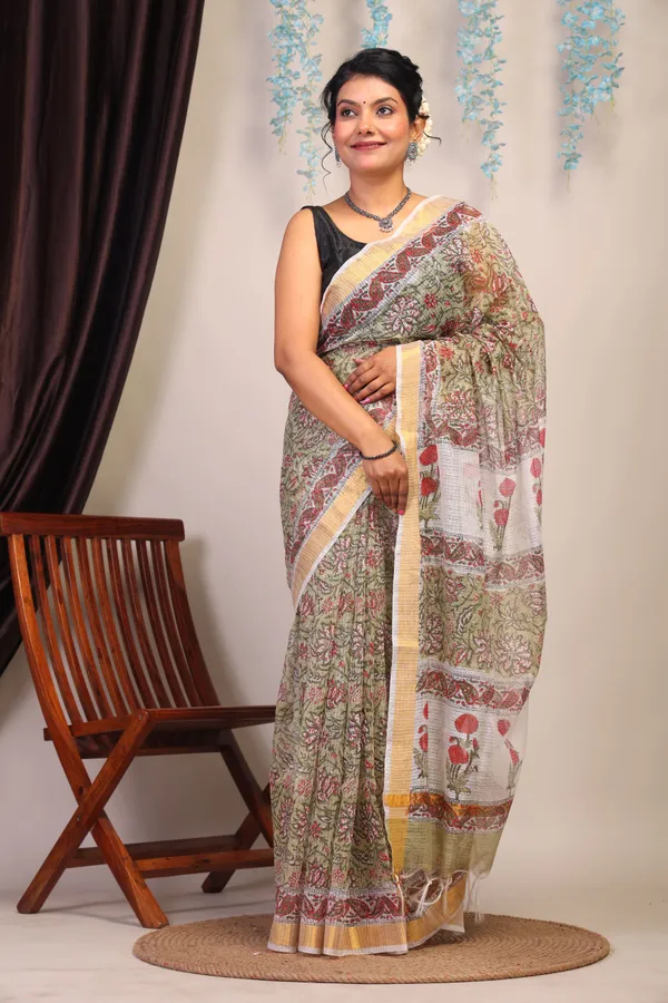 Olive_Green_Kota_Cotton_Hand_Block_Bhagalpuri_Saree_With_Blouse