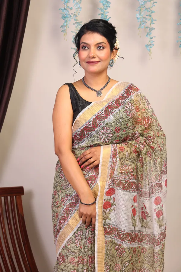 Olive_Green_Kota_Cotton_Hand_Block_Bhagalpuri_Saree_With_Blouse