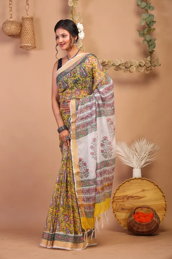 Multicolor_Kota_Cotton_Hand_Block_Bhagalpuri_Saree_With_Blouse