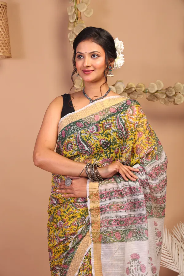 Multicolor_Kota_Cotton_Hand_Block_Bhagalpuri_Saree_With_Blouse