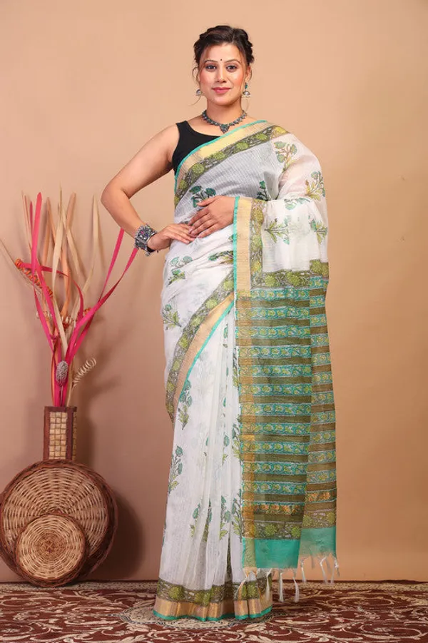 White_Kota_Cotton_Hand_Block_Bhagalpuri_Saree_With_Blouse