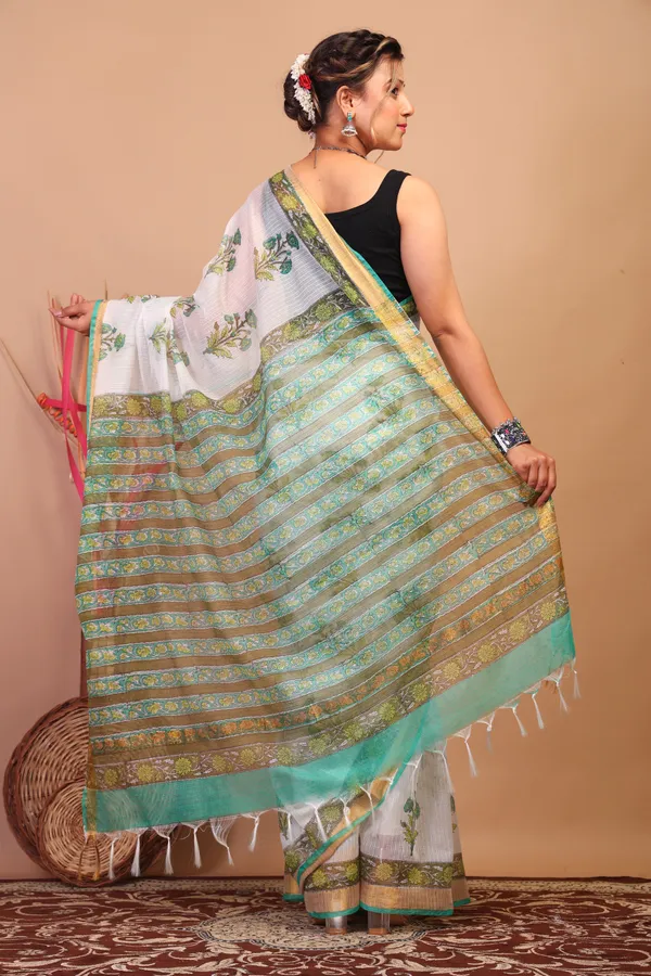 White_Kota_Cotton_Hand_Block_Bhagalpuri_Saree_With_Blouse