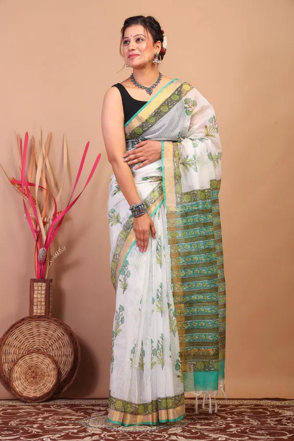 White_Kota_Cotton_Hand_Block_Bhagalpuri_Saree_With_Blouse