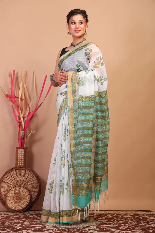 White_Kota_Cotton_Hand_Block_Bhagalpuri_Saree_With_Blouse