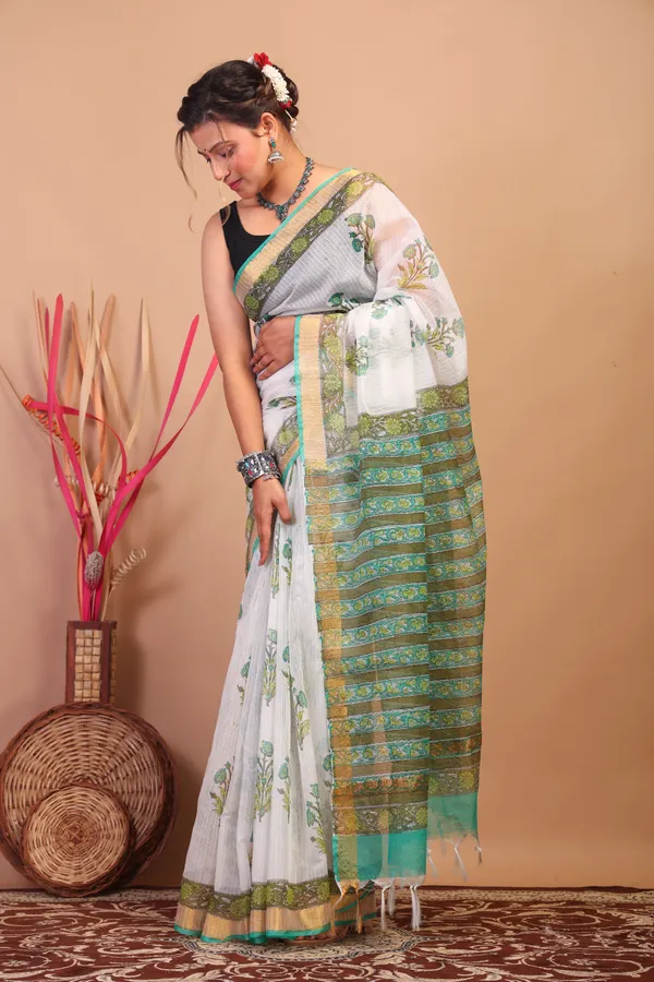 White_Kota_Cotton_Hand_Block_Bhagalpuri_Saree_With_Blouse