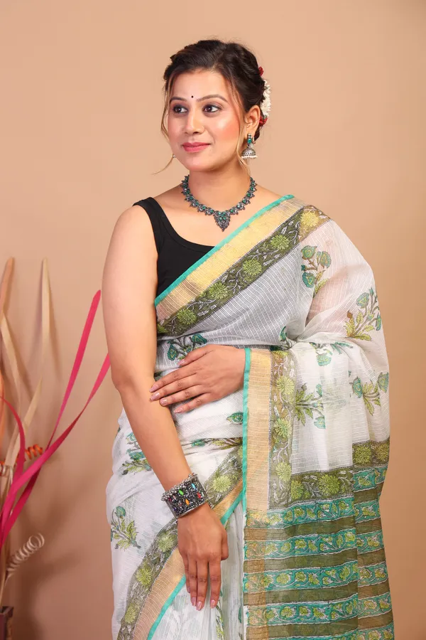 White_Kota_Cotton_Hand_Block_Bhagalpuri_Saree_With_Blouse