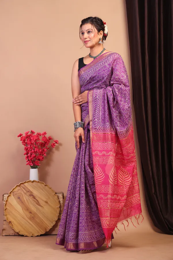 Purple_&_Pink_Cotton_Silk_Geometric_Bhagalpuri_Saree_With_Unstitched_Blouse