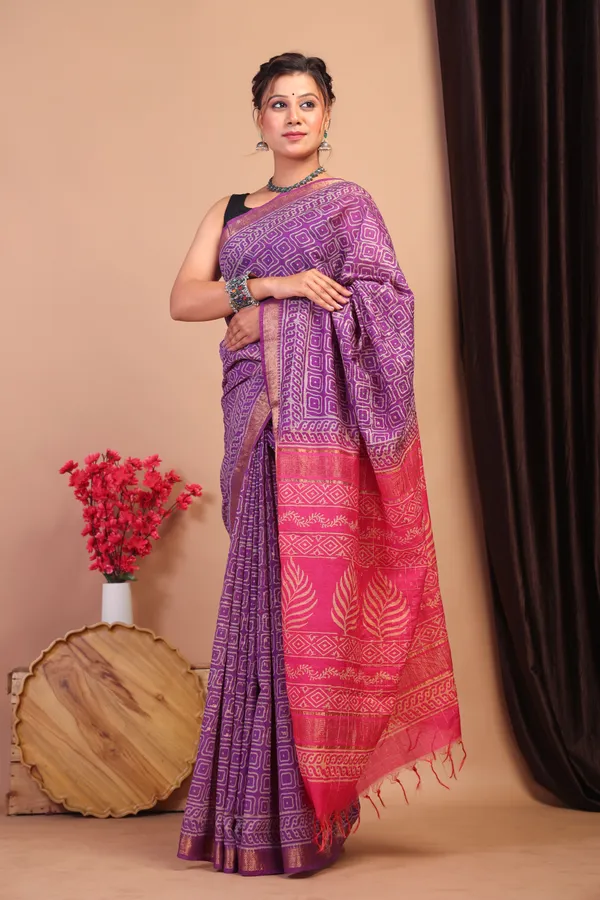 Purple_&_Pink_Cotton_Silk_Geometric_Bhagalpuri_Saree_With_Unstitched_Blouse