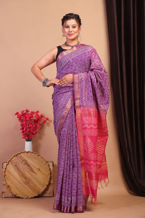Purple_&_Pink_Cotton_Silk_Geometric_Bhagalpuri_Saree_With_Unstitched_Blouse