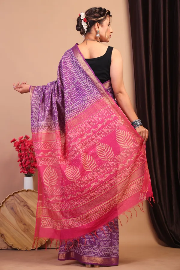 Purple_&_Pink_Cotton_Silk_Geometric_Bhagalpuri_Saree_With_Unstitched_Blouse