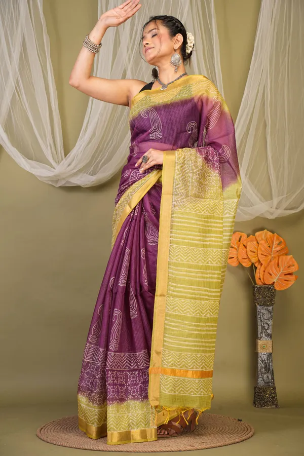 Purple_&_Green_Kota_Doria_Paisley_Bhagalpuri_Saree_With_Unstitched_Blouse