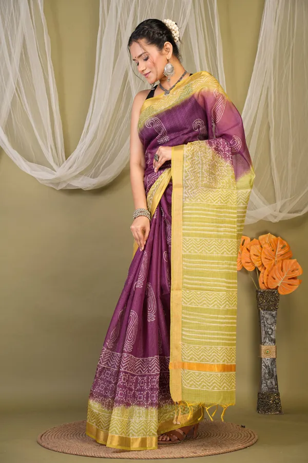 Purple_&_Green_Kota_Doria_Paisley_Bhagalpuri_Saree_With_Unstitched_Blouse