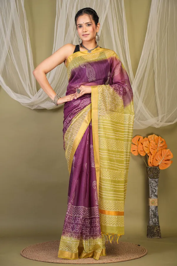 Purple_&_Green_Kota_Doria_Paisley_Bhagalpuri_Saree_With_Unstitched_Blouse