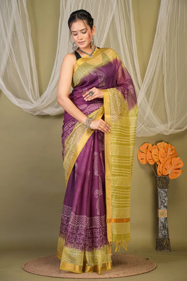Purple_&_Green_Kota_Doria_Paisley_Bhagalpuri_Saree_With_Unstitched_Blouse