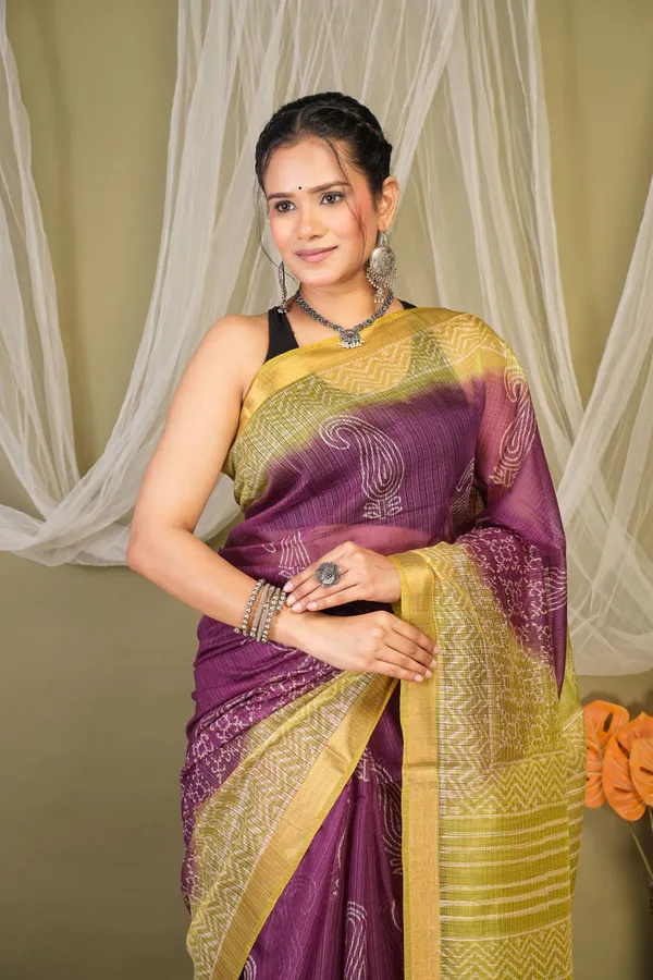 Purple_&_Green_Kota_Doria_Paisley_Bhagalpuri_Saree_With_Unstitched_Blouse