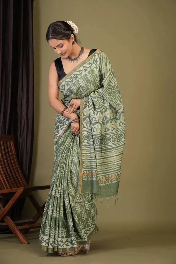 Sage_Green_Cotton_Silk_Dabu_Print_(Hand_Block)_Bhagalpuri_Saree_With_Unstitched_Blouse