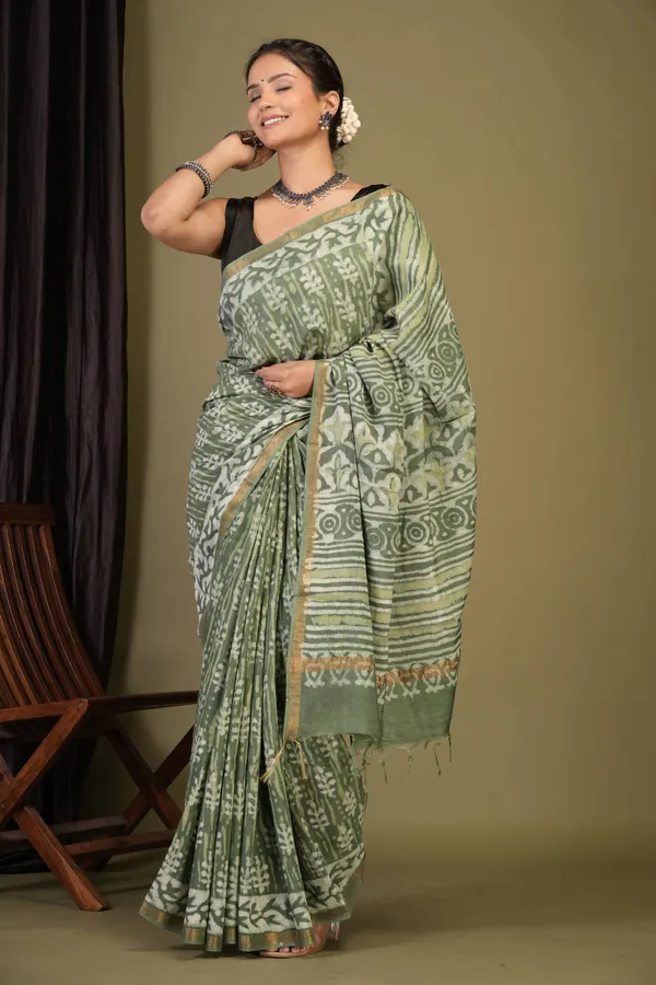 Sage_Green_Cotton_Silk_Dabu_Print_(Hand_Block)_Bhagalpuri_Saree_With_Unstitched_Blouse