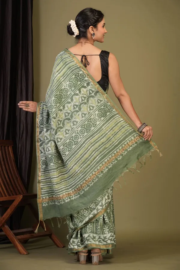 Sage_Green_Cotton_Silk_Dabu_Print_(Hand_Block)_Bhagalpuri_Saree_With_Unstitched_Blouse