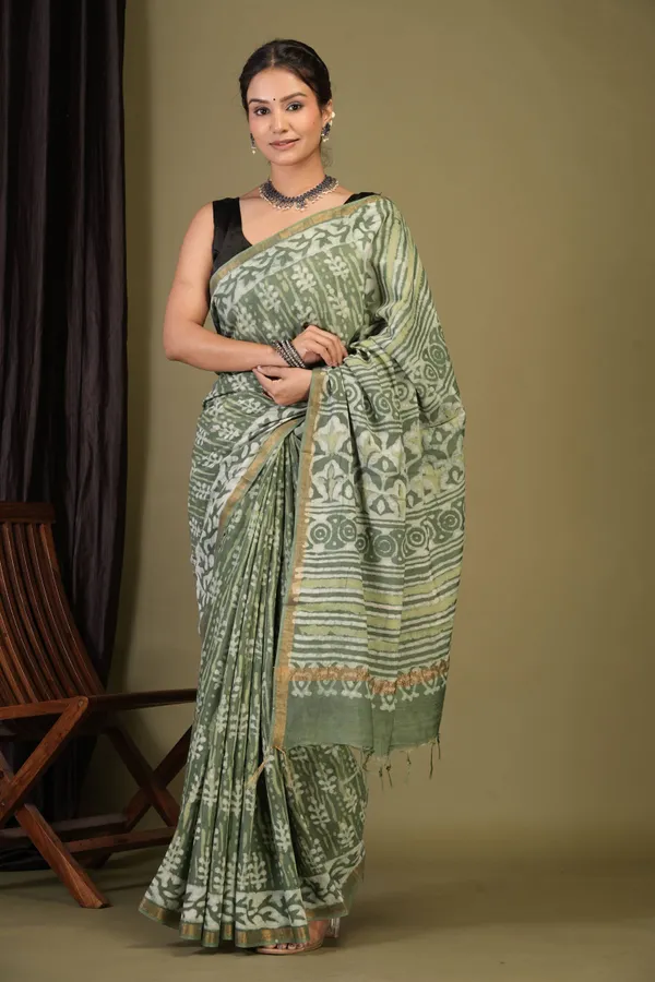 Sage_Green_Cotton_Silk_Dabu_Print_(Hand_Block)_Bhagalpuri_Saree_With_Unstitched_Blouse