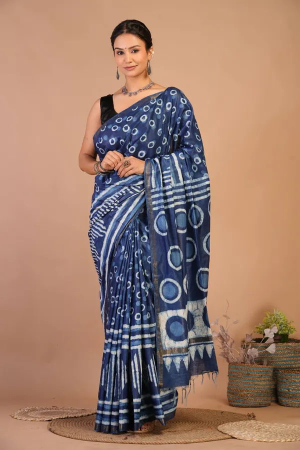 Navy_Blue_Cotton_Silk_Dabu_Print_(Hand_Block)_Bhagalpuri_Saree_With_Unstitched_Blouse