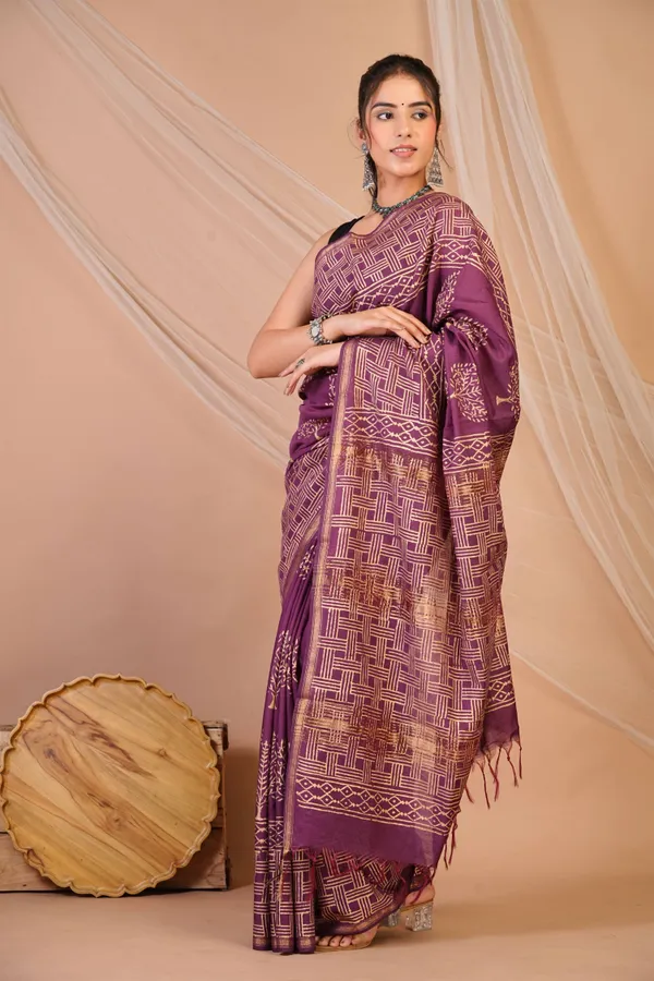 Purple_Jay_Shree_Cotton_Fine_Golden_Foil_Print_Bhagalpuri_Saree_With_Unstitched_Blouse