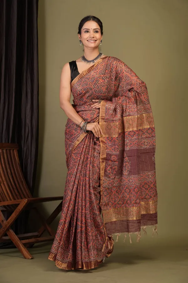 Maroon_Cotton_Silk_(Art_Silk)_Ajrakh_Bhagalpuri_Saree_With_Unstitched_Blouse