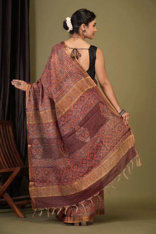 Maroon_Cotton_Silk_(Art_Silk)_Ajrakh_Bhagalpuri_Saree_With_Unstitched_Blouse