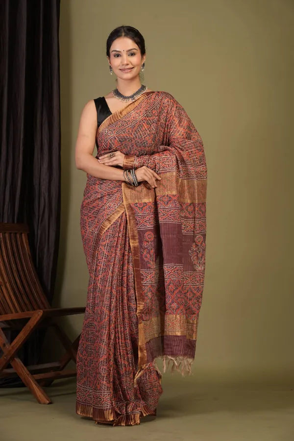 Maroon_Cotton_Silk_(Art_Silk)_Ajrakh_Bhagalpuri_Saree_With_Unstitched_Blouse